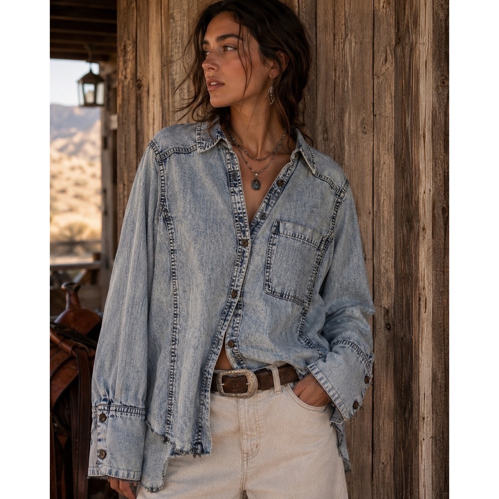 Free People We The Free MacKenzie Denim Shirt Womens M Blue Acid Wash Raw Hem